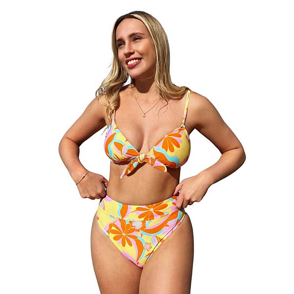 Women's CUPSHE Retro Daisy Print Knotted Top & Cheeky High Leg Bikini Set