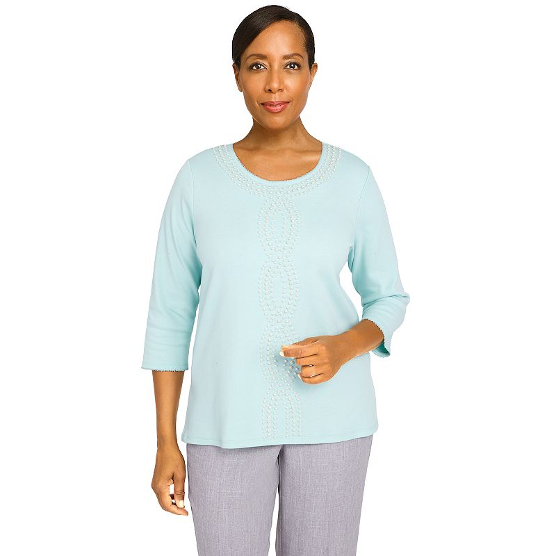 Womens Alfred Dunner Lady Like Pearl Twist Three-Quarter Sleeve Knit Top, 