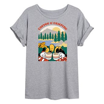 Disney's Mickey Mouse & Friends Juniors' Coffee Camping Oversized Graphic Tee