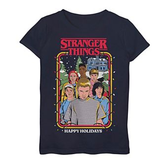Girls 7-16 Stranger Things Happy Holidays Group Portrait Tee