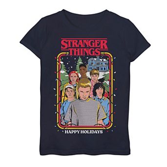 Girls 7-16 Stranger Things Happy Holidays Group Portrait Tee
