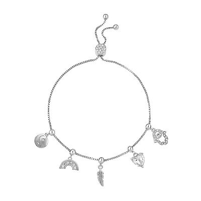 Sterling Silver Polished Heart Hamsa Adjustable Bolo Bracelet