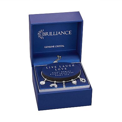 Brilliance Fine Silver Plated Crystal Yin Yang, Rainbow, Feather, Heart, & Hamsa Charms Adjustable Bracelet