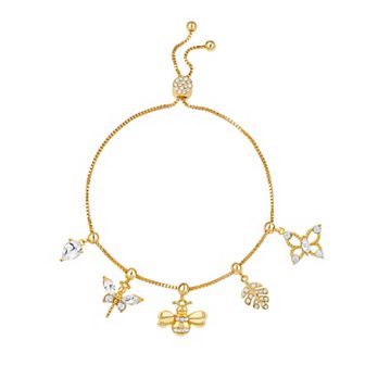 Brilliance 18k Gold Plated Crystal Dragonfly, Bee, Leaf & Butterfly Adjustable Charm Bracelet