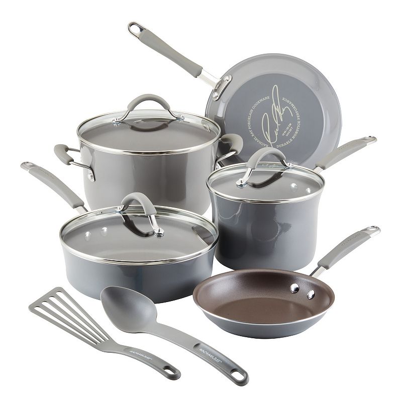 NIB 10pc Food Network Textured Titanium Cookware Set Pots Pans Lids Gray  Silver