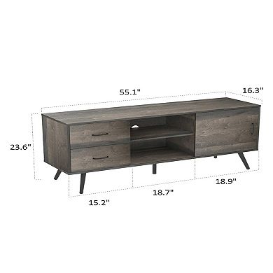 Year Color Mid-Century Industrial Modern TV Stand with Sliding Doors and Two Drawers for 55/60 Inch TV