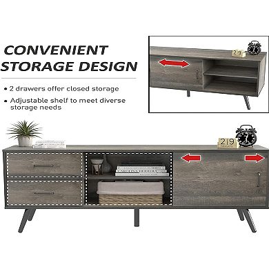 Year Color Mid-Century Industrial Modern TV Stand with Sliding Doors and Two Drawers for 55/60 Inch TV