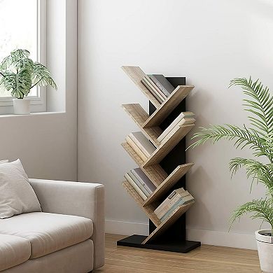 Year Color Free Standing Retro Wood 8 Shelves Bookcase