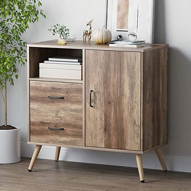 Year Color Rustic Storage Cabinet with 2 Drawers, Door, Shelf Accent, and Metal Base for Bedroom, Living Room, Entryway, and Home Office