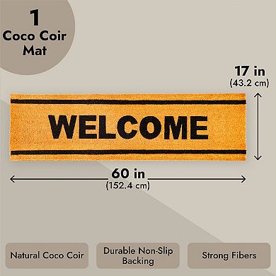 Natural Coco Large Welcome Mat for Entry Way, Long Coir Outdoor Rug, 17 x 60 In