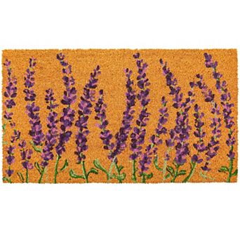 Floral Spring Coir Door Mat for Front Porch, Lavender Flower Outdoor Welcome Mat (30 x 17 in