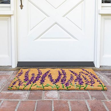 Floral Spring Coir Door Mat for Front Porch, Lavender Flower Outdoor Welcome Mat (30 x 17 Inches)