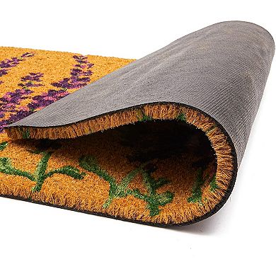 Floral Spring Coir Door Mat for Front Porch, Lavender Flower Outdoor Welcome Mat (30 x 17 Inches)