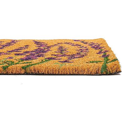 Floral Spring Coir Door Mat for Front Porch, Lavender Flower Outdoor Welcome Mat (30 x 17 Inches)