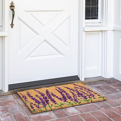 Floral Spring Coir Door Mat for Front Porch, Lavender Flower Outdoor Welcome Mat (30 x 17 Inches)