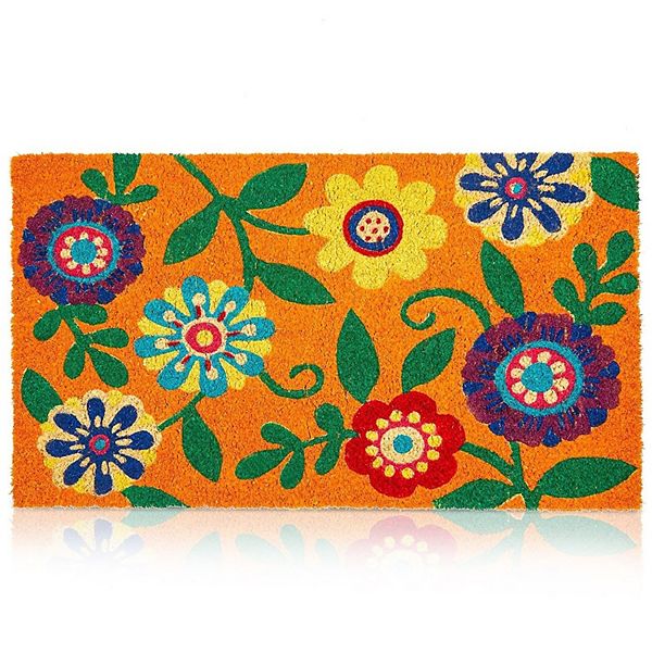 Floral Design Coir Doormat For Outdoor Entrance, Natural Coir