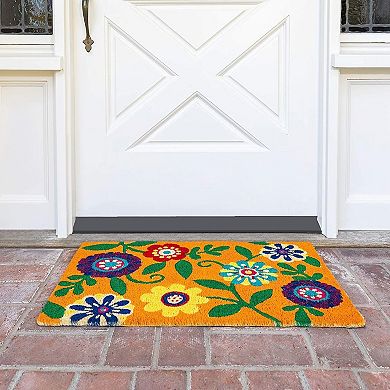 Floral Design Coir Doormat For Outdoor Entrance, Natural Coir Welcome Mat, 17x30