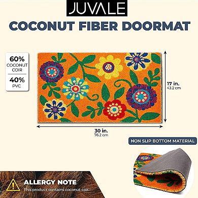 Floral Design Coir Doormat For Outdoor Entrance, Natural Coir Welcome Mat, 17x30