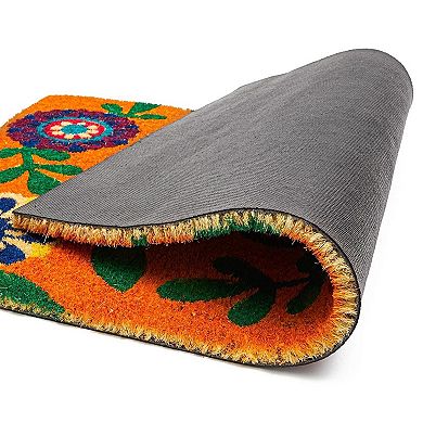 Floral Design Coir Doormat For Outdoor Entrance, Natural Coir Welcome Mat, 17x30