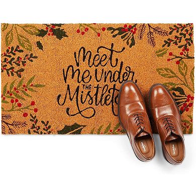 Coco Coir Christmas Doormat for Outdoor Entrance, Meet Me Under The Mistletoe, Non-Slip (17 x 30 in)
