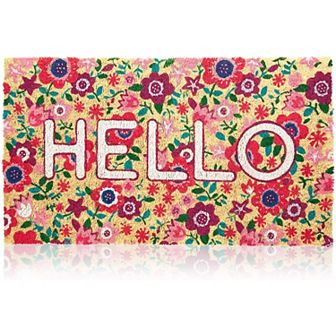 Natural Coir Hello Spring Door Mat For Outdoors, Floral Non Slip Rug, 30x17 In