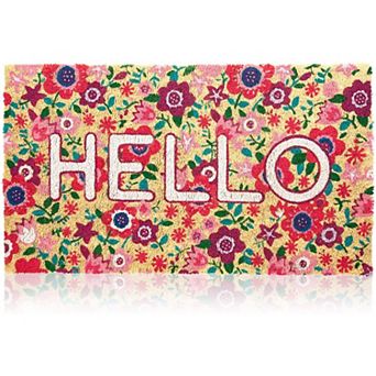 Natural Coir Hello Spring Door Mat For Outdoors, Floral Non Slip Rug, 30x17 In