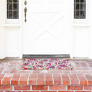 Natural Coir Hello Spring Door Mat For Outdoors, Floral Non Slip Rug, 30x17 In