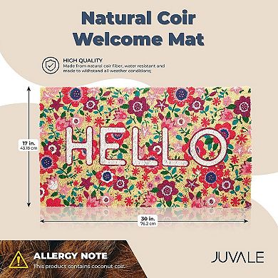 Natural Coir Hello Spring Door Mat For Outdoors, Floral Non Slip Rug, 30x17 In