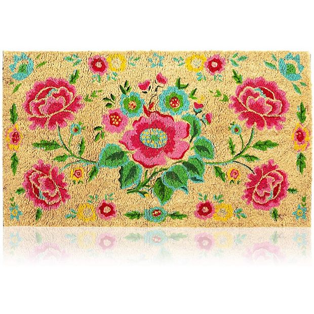 Natural Coco Coir Spring Flower Door Mat 17 x 30 Inches for Front Door,  Half Round Outdoor Wildflowers Mat for Home Decor