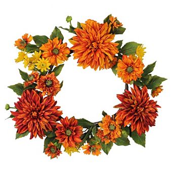 Mums and Daisies Twig Artificial Floral Wreath Orange 22-Inch