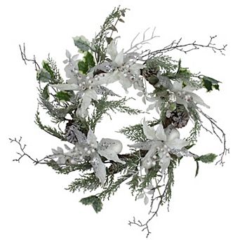Iced White Poinsettia Artificial Christmas Wreath - 22 inch Unlit