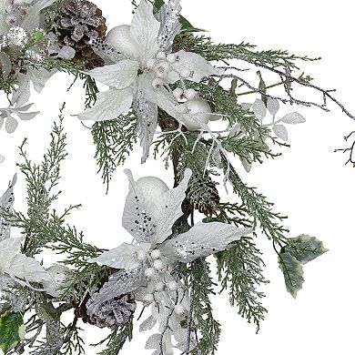 Iced White Poinsettia Artificial Christmas Wreath - 22 inch Unlit