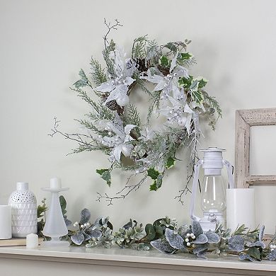 Iced White Poinsettia Artificial Christmas Wreath - 22 inch Unlit