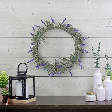 LED Lighted Artificial Lavender Spring Wreath- 16-inch White Lights
