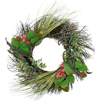 Wheat Eucalyptus and Twig Artificial Wreath 22-Inch