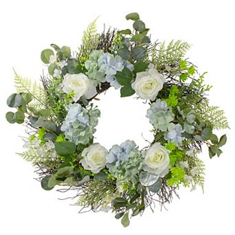 Hydrangea Rose and Geranium Artificial Floral Spring Wreath White and Blue - 24-Inch