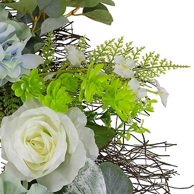 Hydrangea Rose and Geranium Artificial Floral Spring Wreath White and Blue - 24-Inch