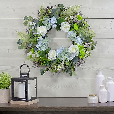 Hydrangea Rose and Geranium Artificial Floral Spring Wreath White and Blue - 24-Inch