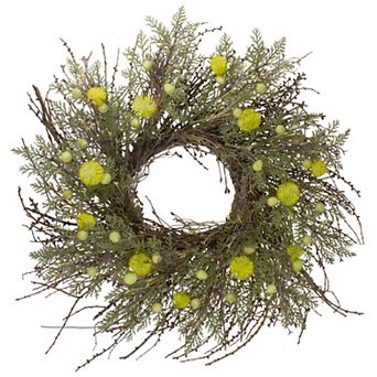 Burrs and Craspedia Artificial Twig Wreath Yellow and Green - 20-Inch
