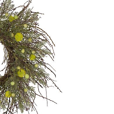 Burrs and Craspedia Artificial Twig Wreath Yellow and Green - 20-Inch