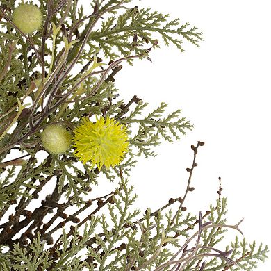 Burrs and Craspedia Artificial Twig Wreath Yellow and Green - 20-Inch
