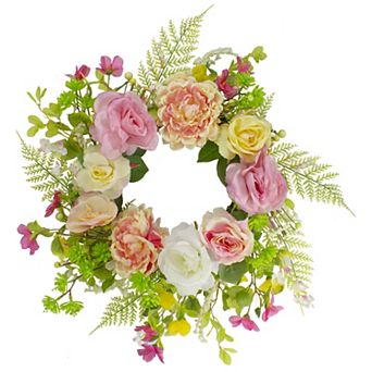 Rose and Peony Artificial Floral Spring Wreath Pink and Yellow - 22-Inch