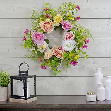 Rose and Peony Artificial Floral Spring Wreath Pink and Yellow - 22-Inch