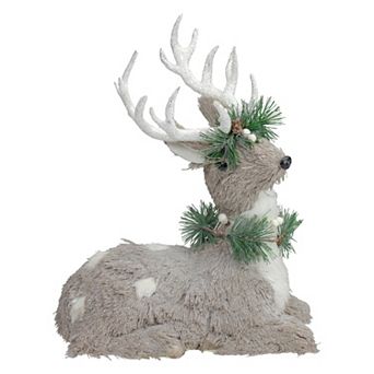 12.75" Gray Sitting Sisal Reindeer with Wreath Christmas Figure