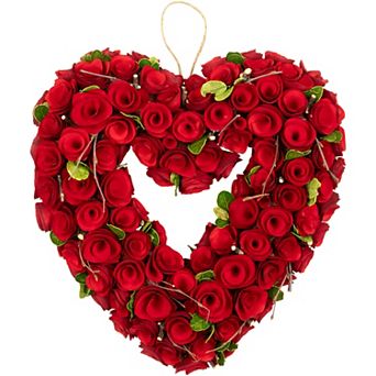 Wooden Roses Floral Artificial Valentine's Day Heart Wreath - 13.5" - Red