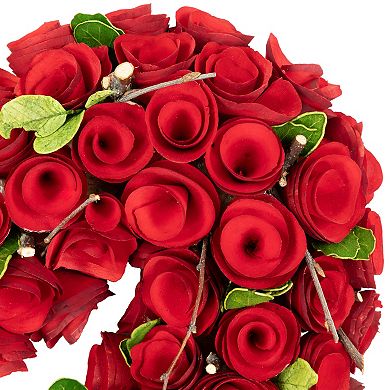 Wooden Roses Floral Artificial Valentine's Day Heart Wreath - 13.5" - Red