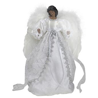 14" African American Silver and White Angel Christmas Tree Topper Unlit