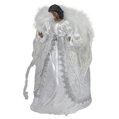 14" African American Silver and White Angel Christmas Tree Topper Unlit