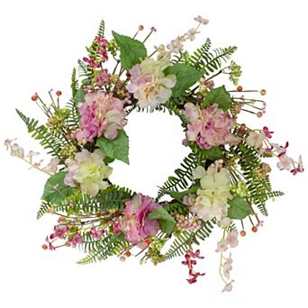 Hydrangea Berry and Fern Artificial Spring Floral Wreath Pink - 20-Inch