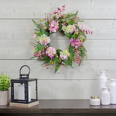 Hydrangea Berry and Fern Artificial Spring Floral Wreath Pink - 20-Inch